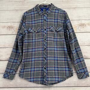 Billabong Plaid Flannel Button Down Shirt Mens Large Gray Blue 2 Pocket